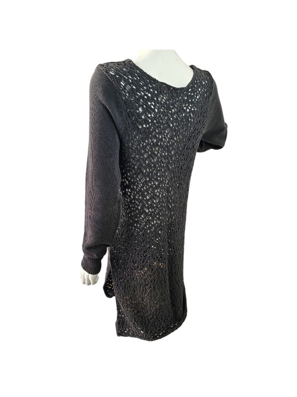 Heather B Womens L Gray Crochet Open Knit Tunic Sweater Asymmetrical Slit Hem